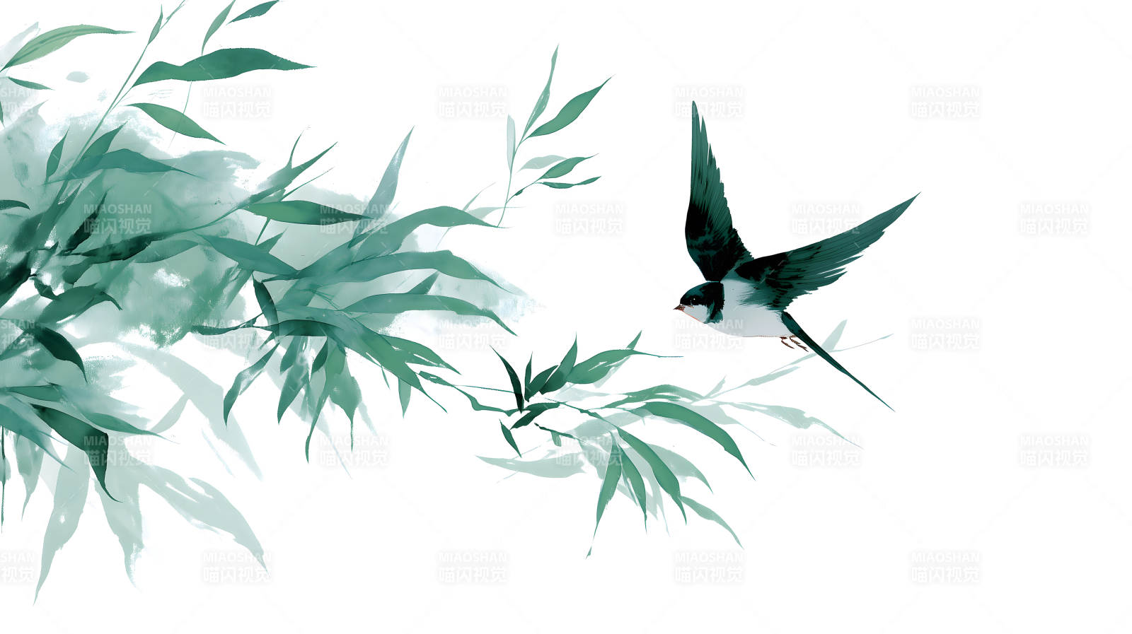 水墨风格的飞鸟和竹叶图片
