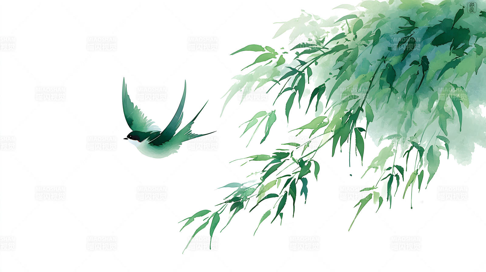 水墨画风的翠鸟与竹叶图片