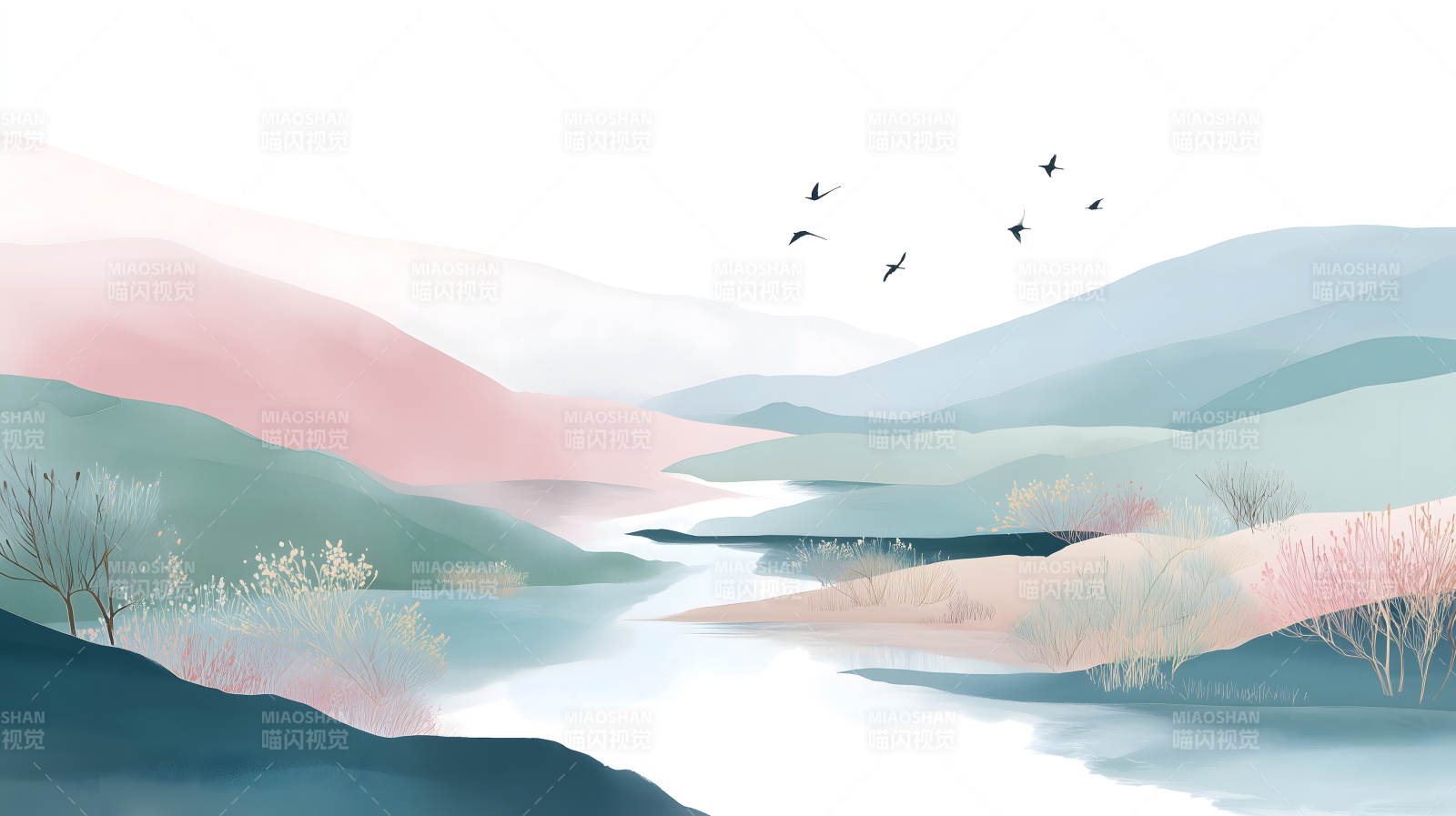 水墨山河鸟飞翔唯美风景画图片