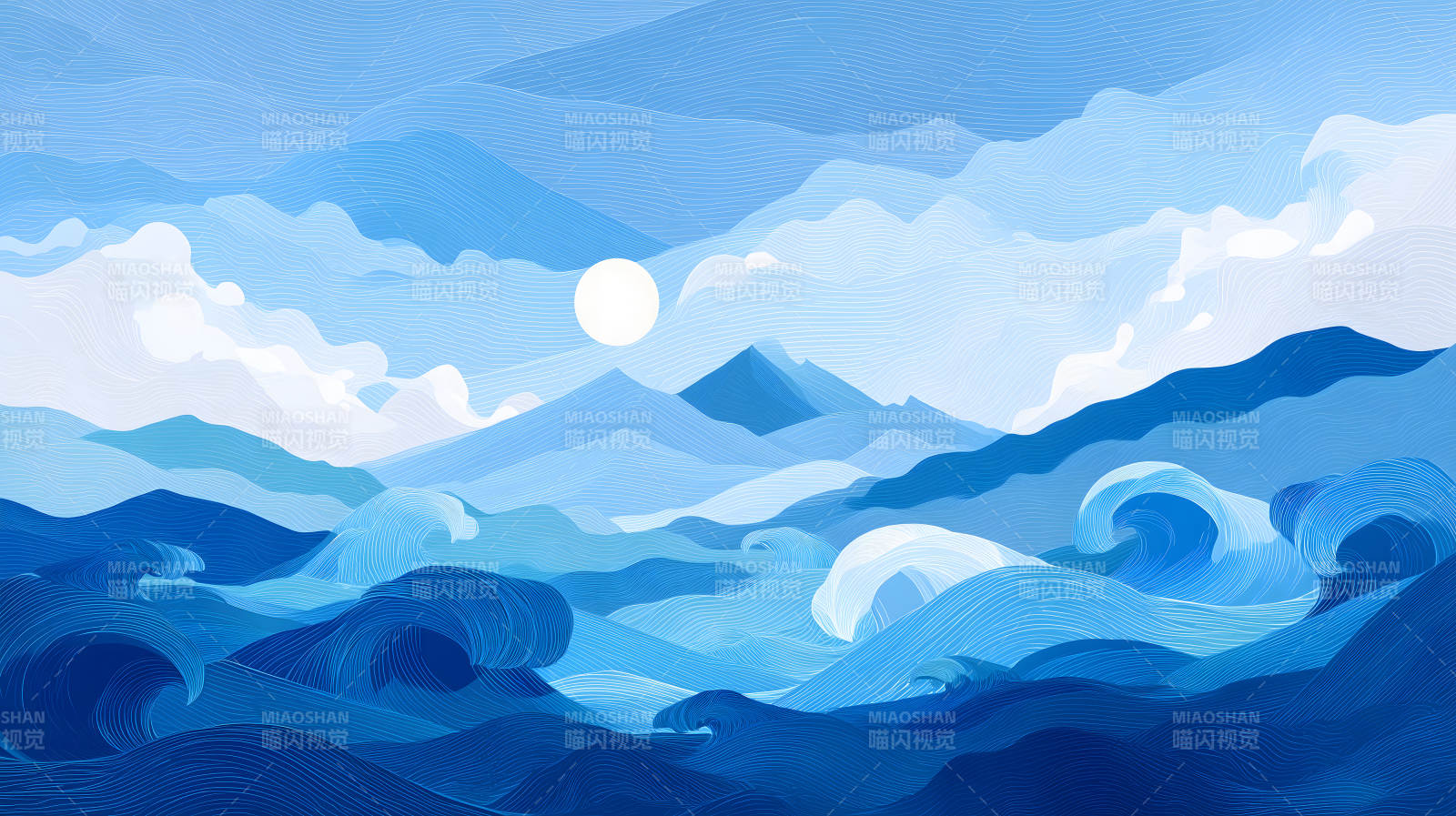 蓝色海洋风光风景绘画图片