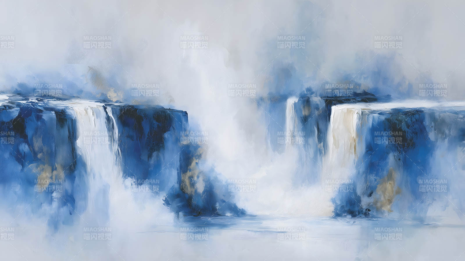 瀑布水流的抽象画作蓝白相间图片