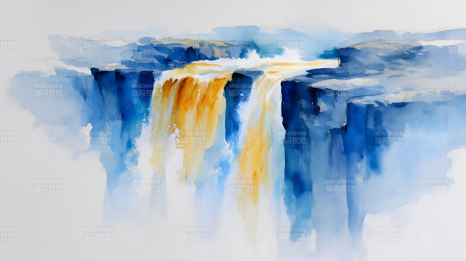 瀑布水彩画蓝色与金色图片