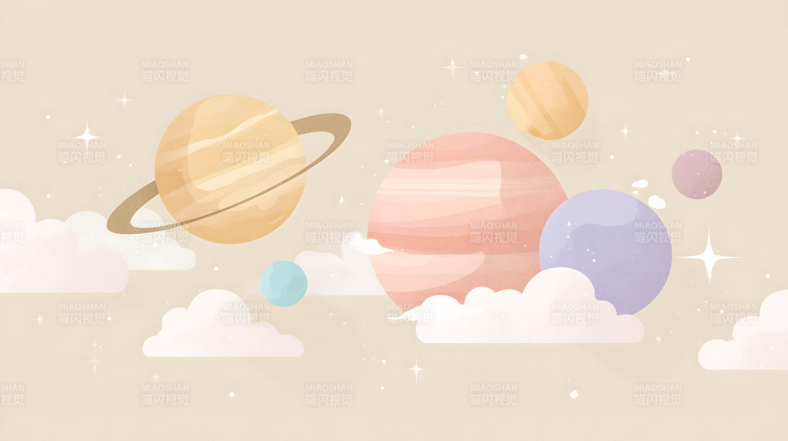 卡通风格的宇宙行星和云朵图片