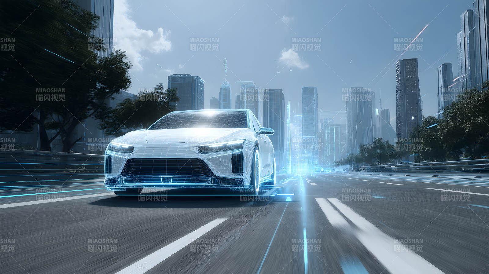 未来科技感汽车行驶在城市道路上图片