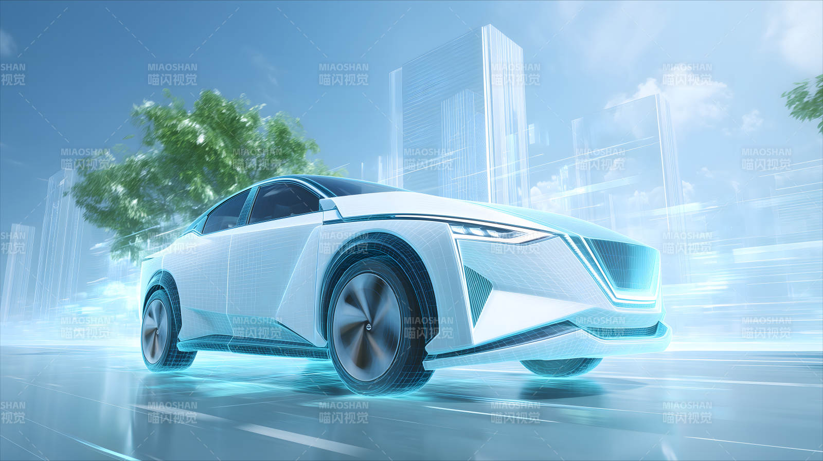 未来科技电动汽车行驶在城市道路上图片