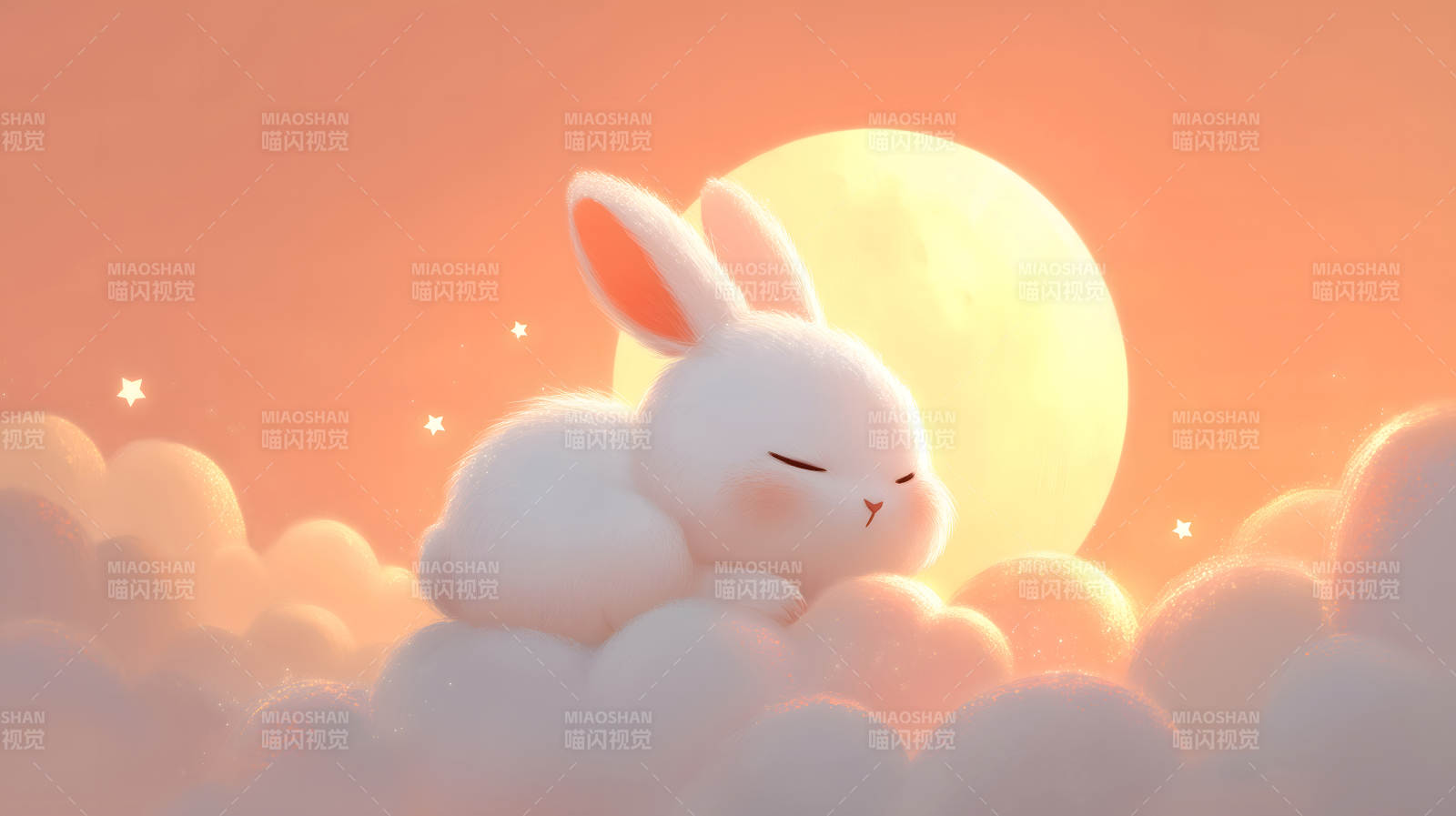 可爱的兔子在云朵上睡觉梦幻般的背景图片