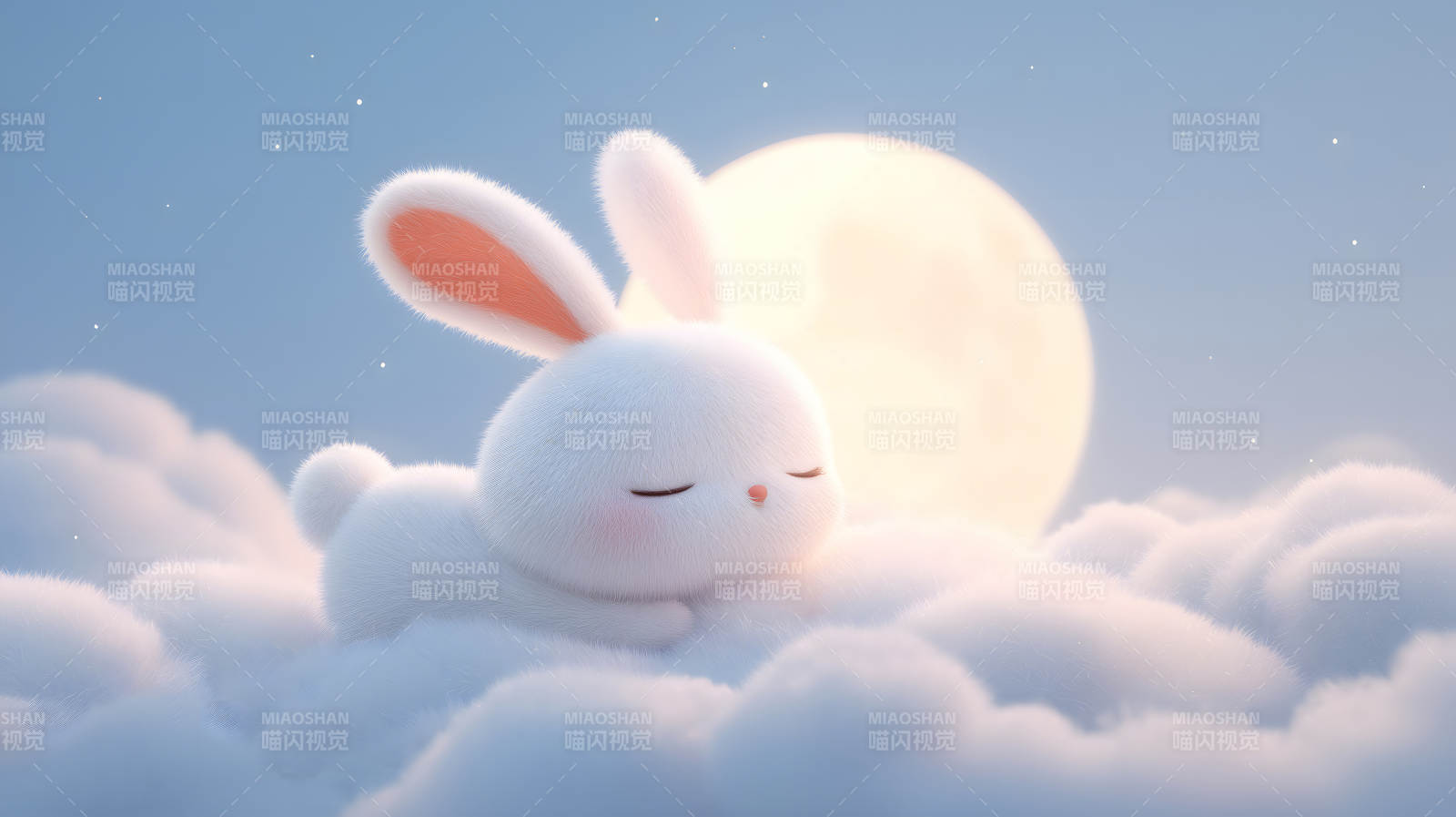 可爱兔子云端安睡月光下图片