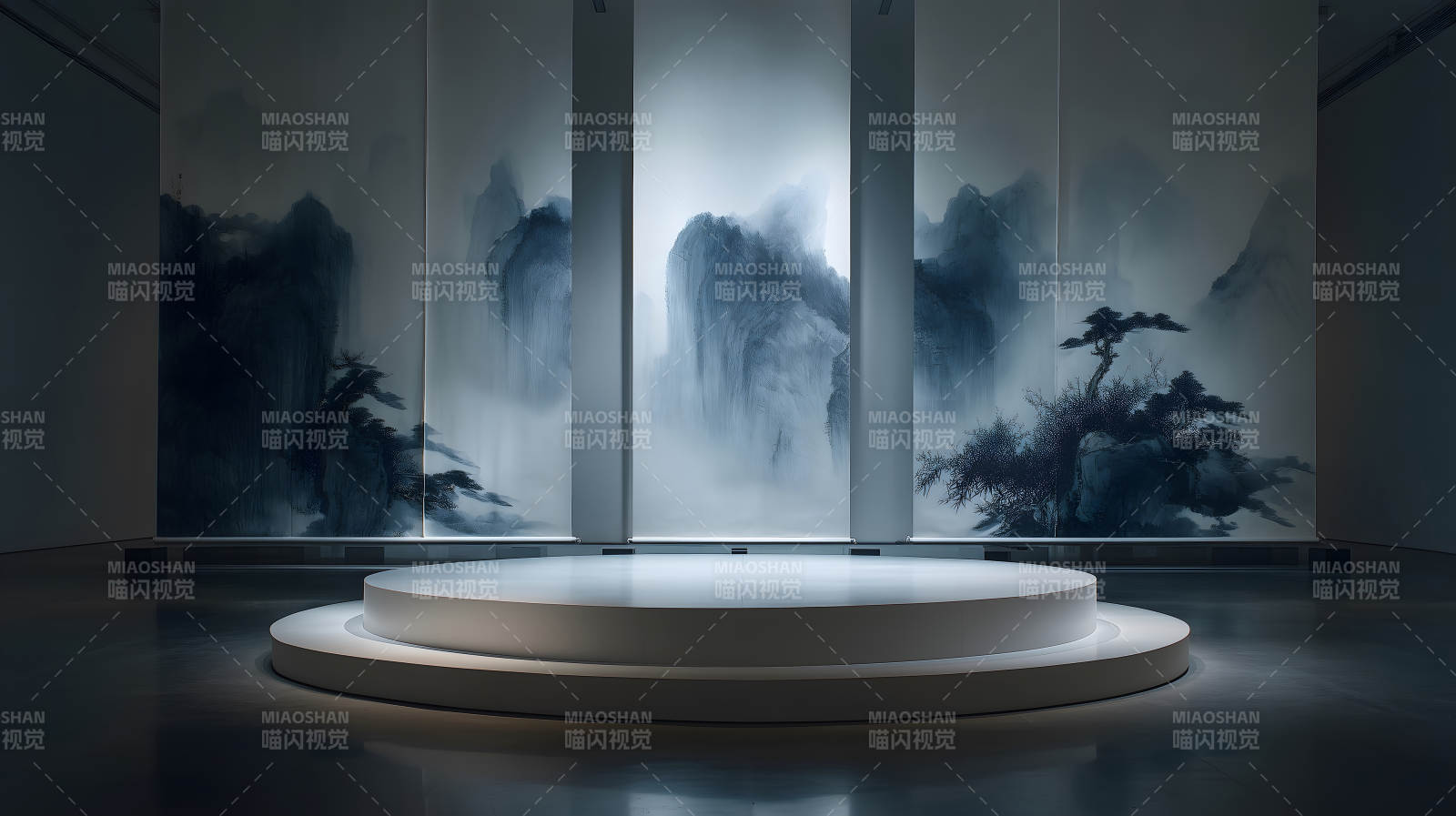 展厅展示中国山水画简约素雅图片