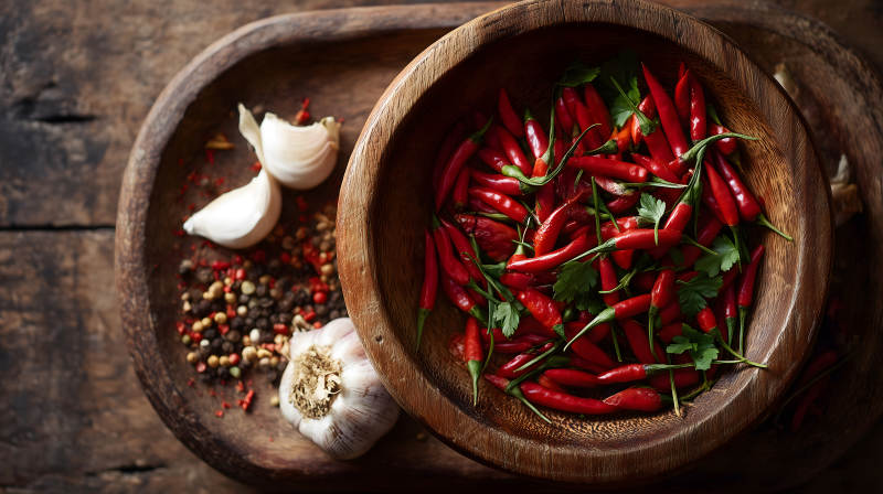 辣椒大蒜香料木碗特写图片
