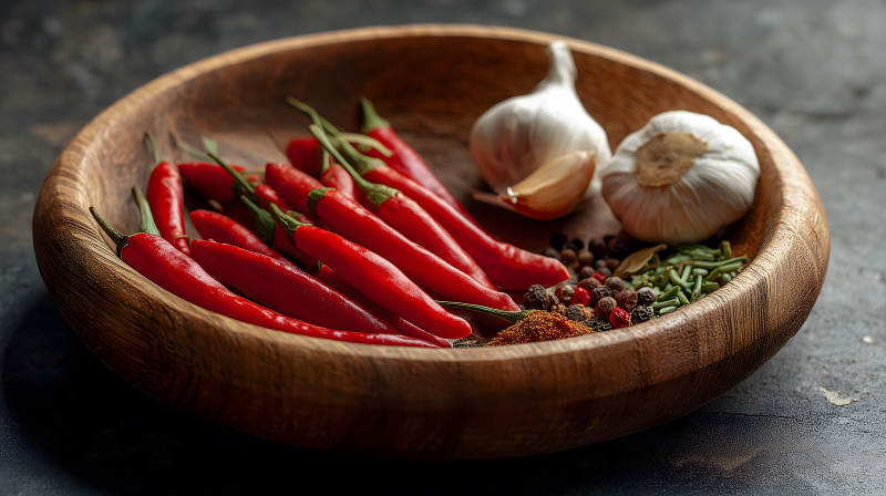 木碗里的辣椒大蒜和香料图片