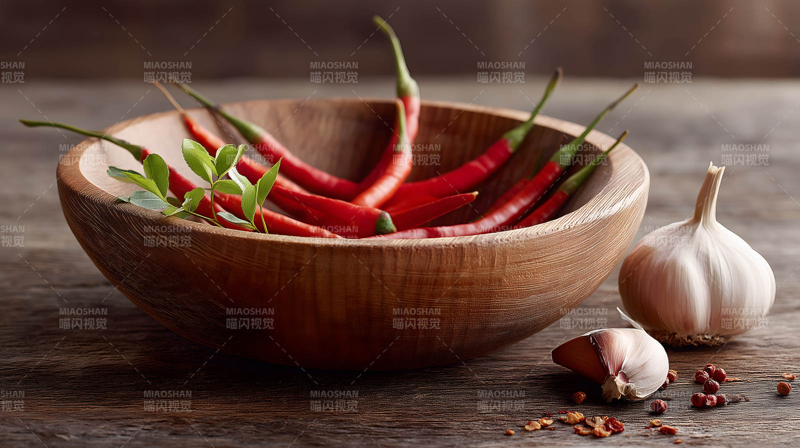 木碗辣椒与大蒜的静物摄影图片
