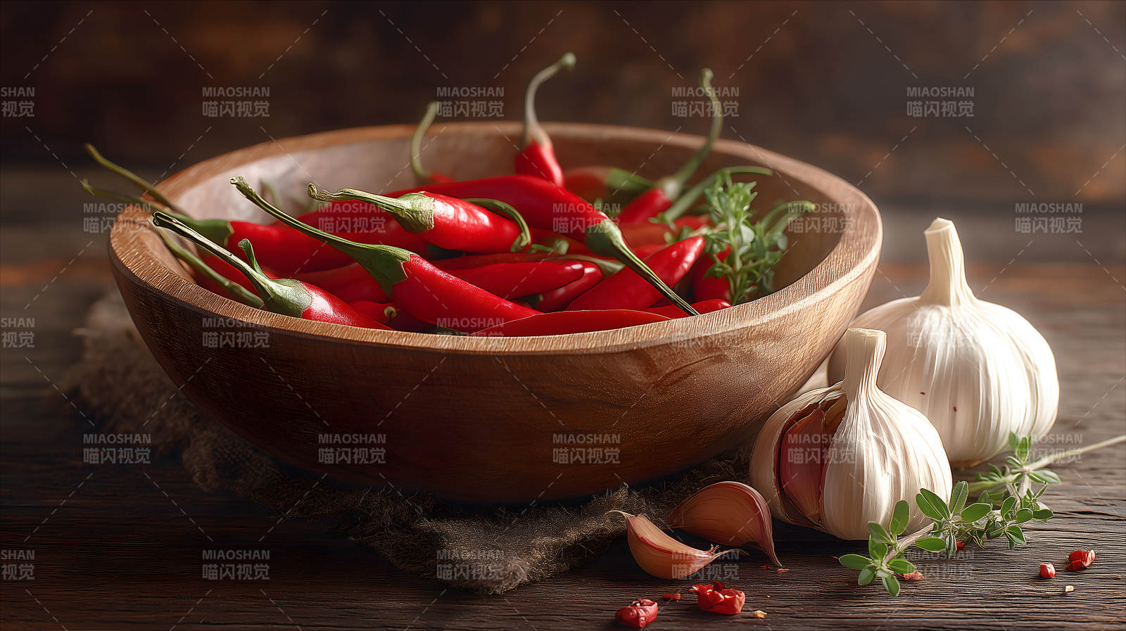 红辣椒大蒜木碗食物特写图片