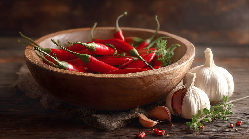 红辣椒大蒜木碗食物特写图片