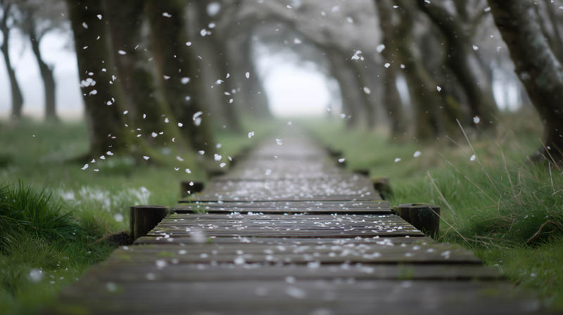 林间栈道花瓣飘落的景象图片