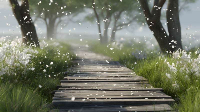 木桥花瓣飘落景色优美图片