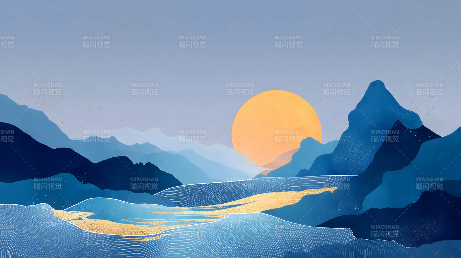 蓝调山水日出图图片