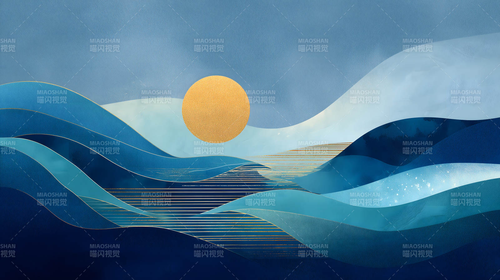 抽象蓝调山水画太阳点缀图片