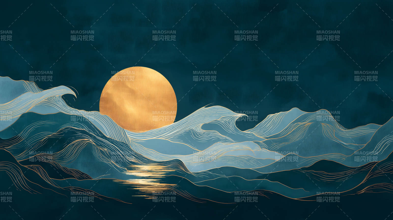 夜幕下金色的太阳与海浪图片