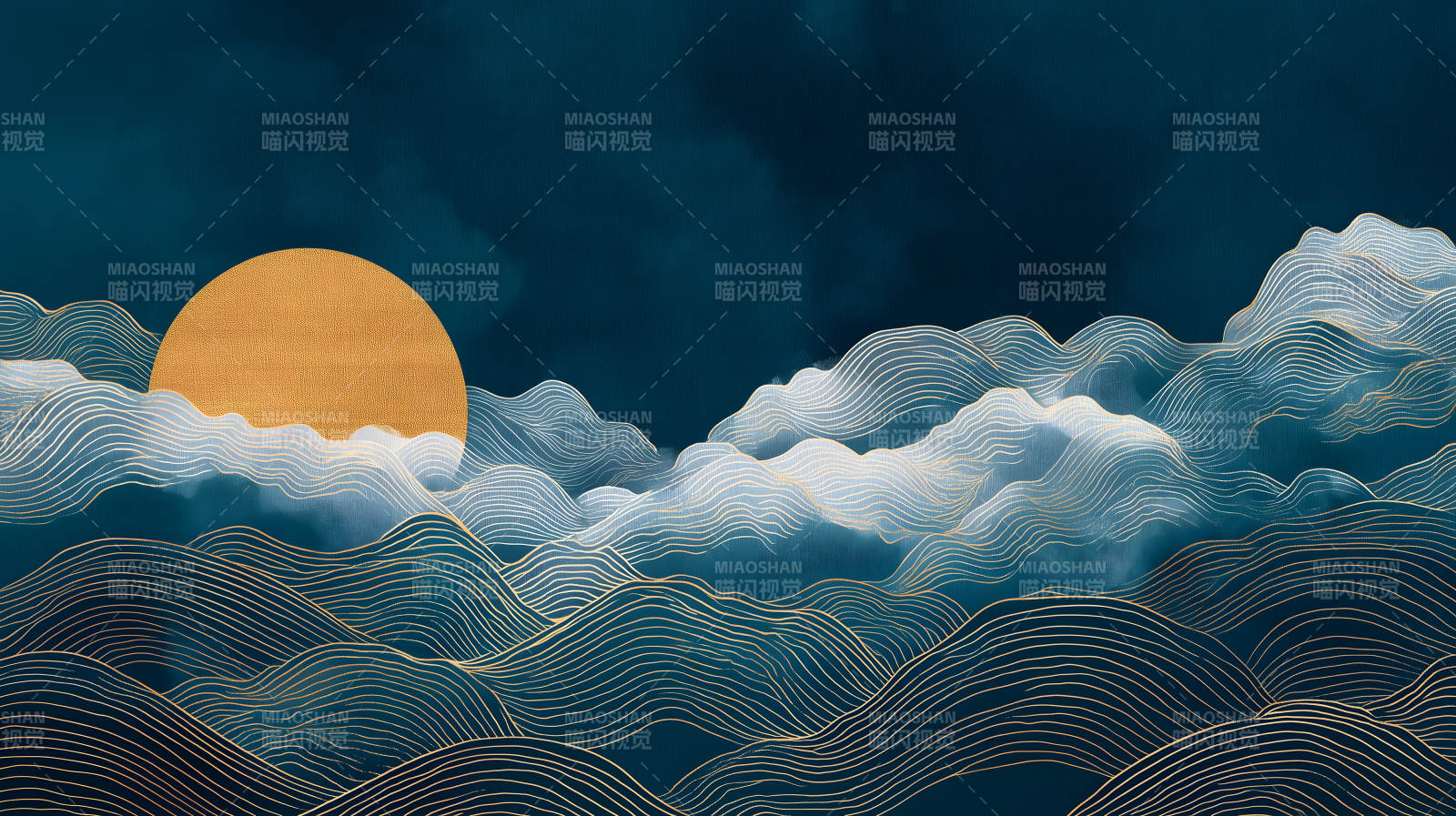 日出海浪金线绘青色幽静图片