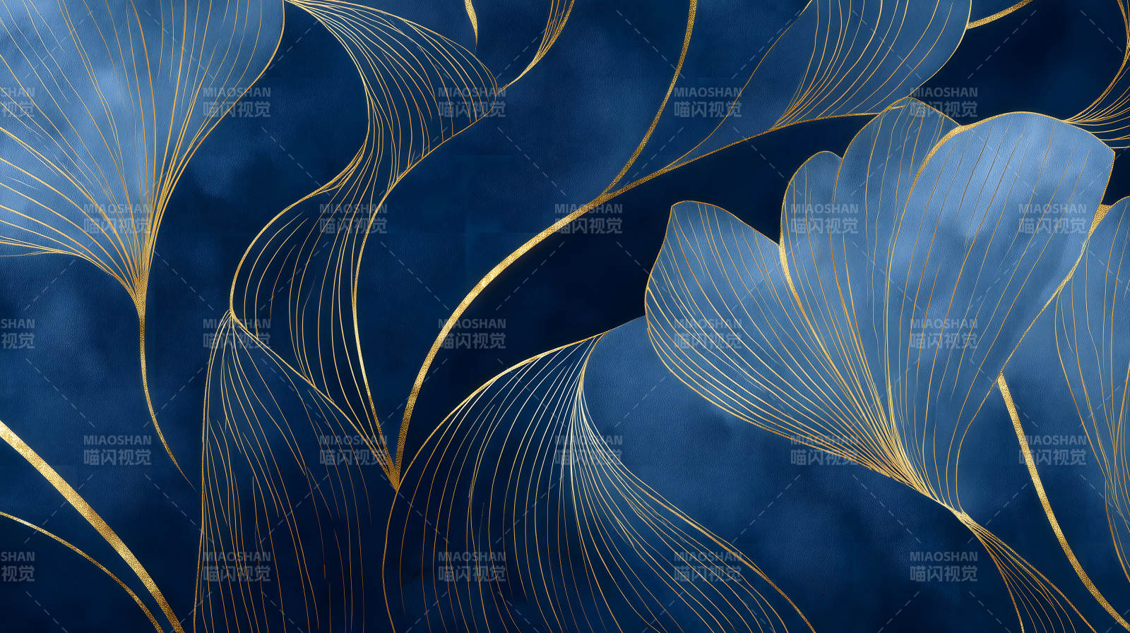 蓝色花瓣金色线条抽象画图片