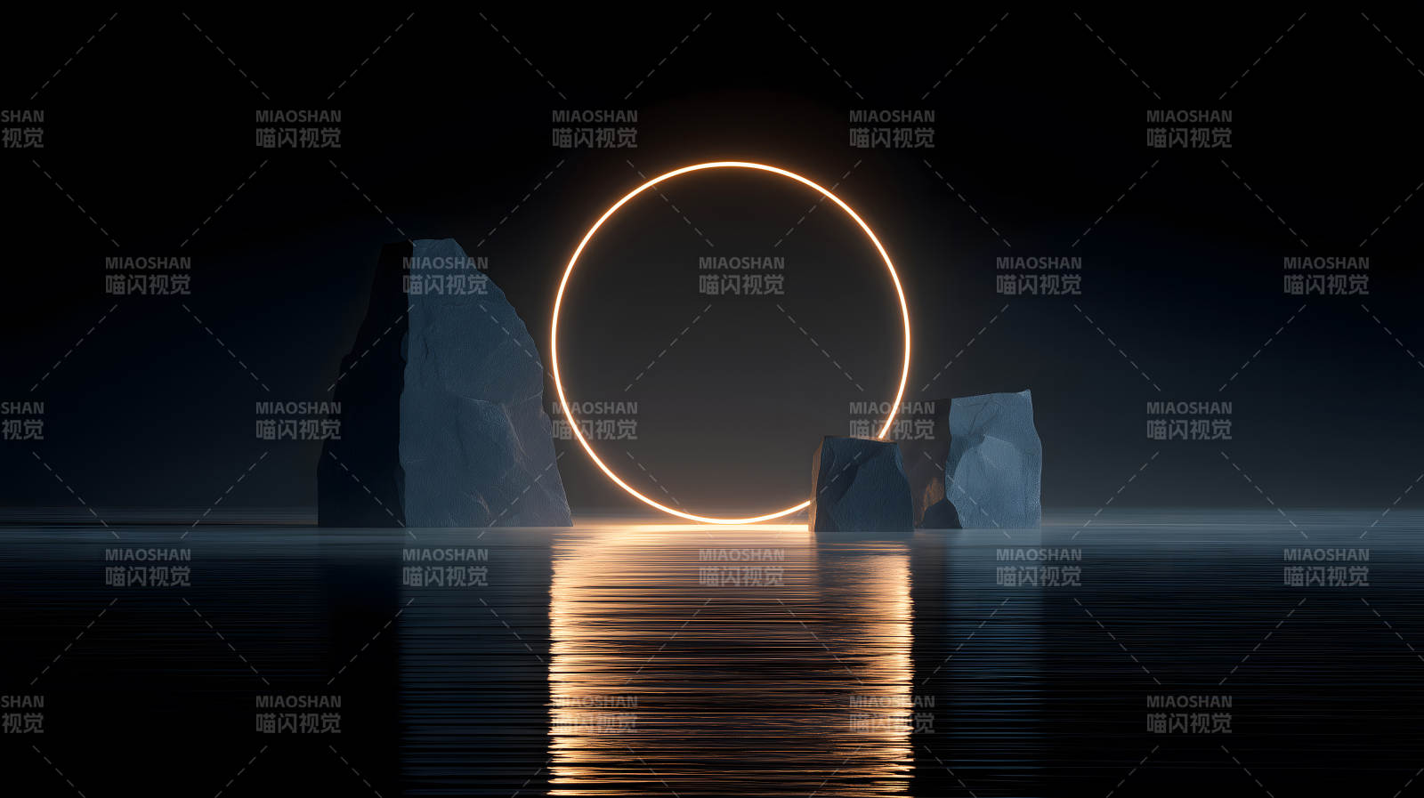 光环与岩石水面反射黑暗氛围图片