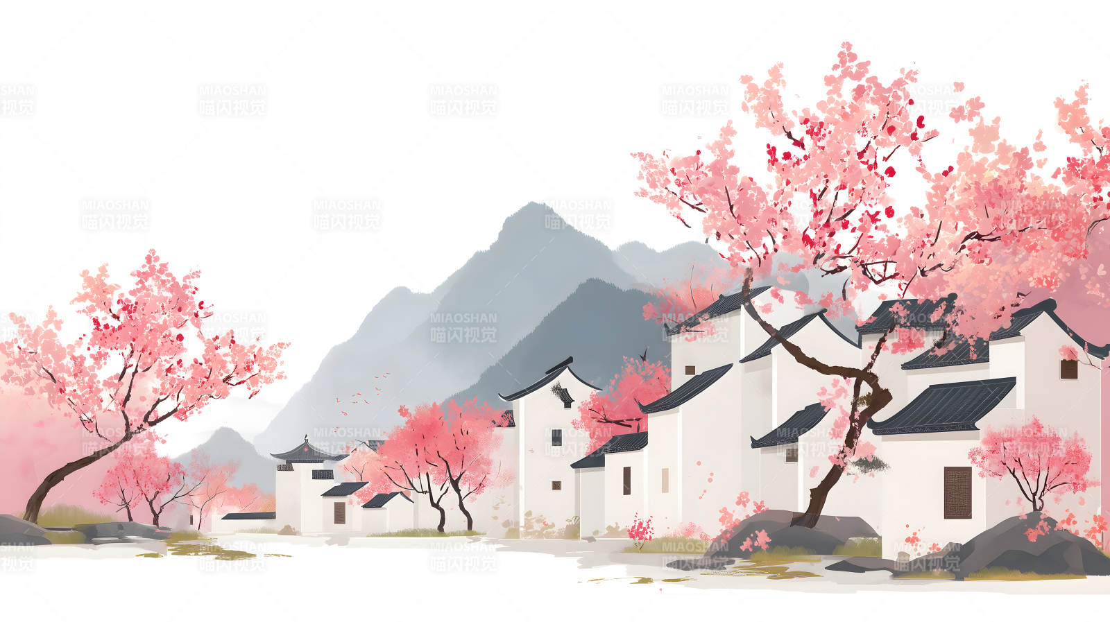 粉色樱花盛开的古镇风景图片