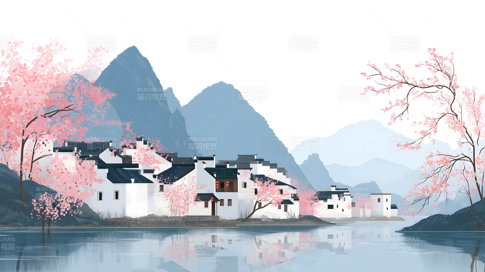 水畔古村落樱花盛开图片