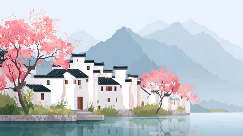 水乡古镇风光樱花盛开图片