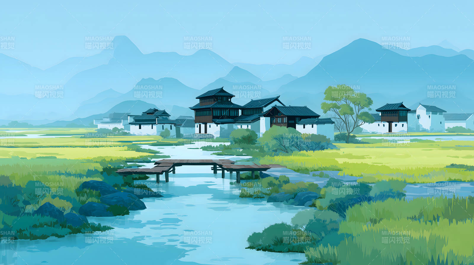 水乡风景桥梁建筑远山如黛图片