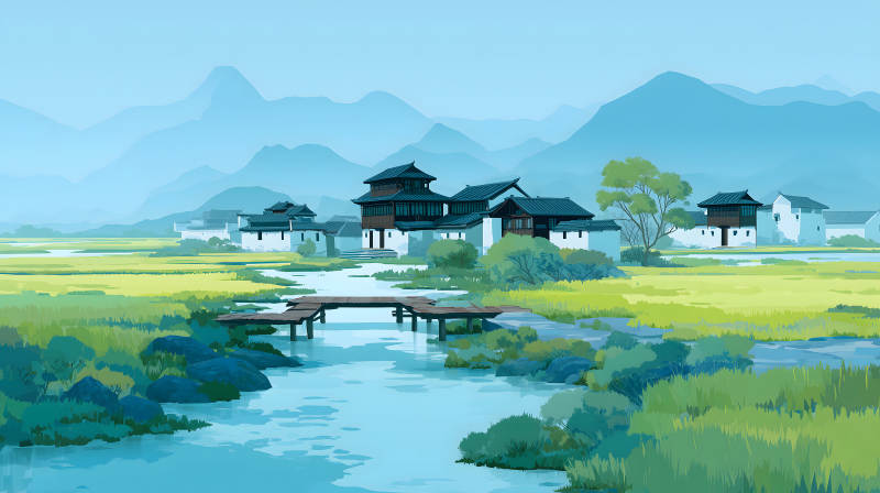 水乡风景桥梁建筑远山如黛图片