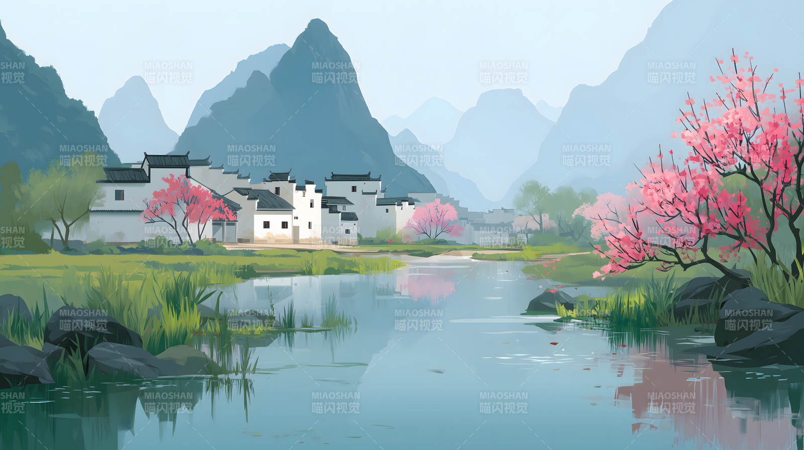 水墨山水田园风光静谧村落图片