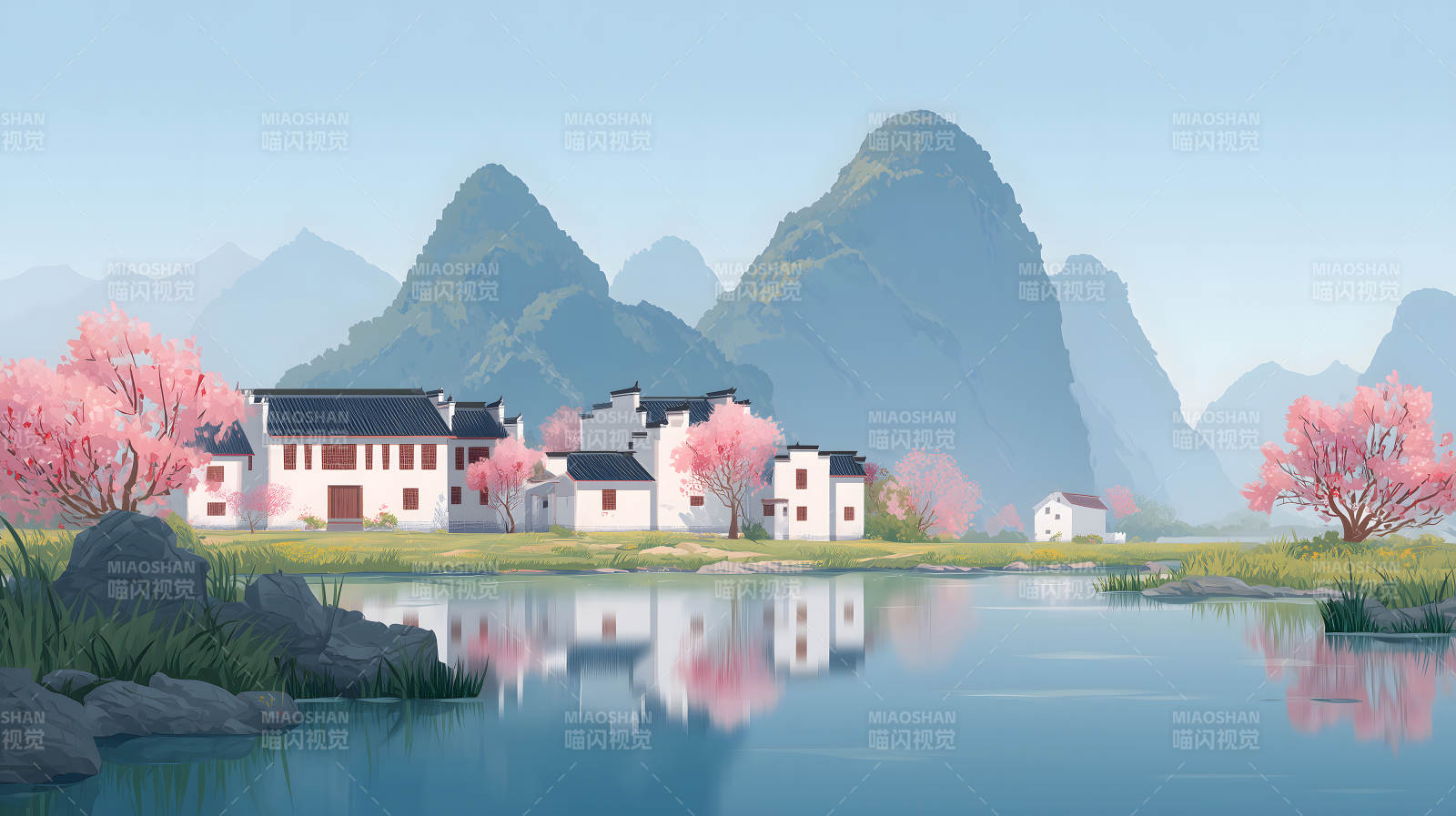 水边村庄风景如画樱花盛开图片