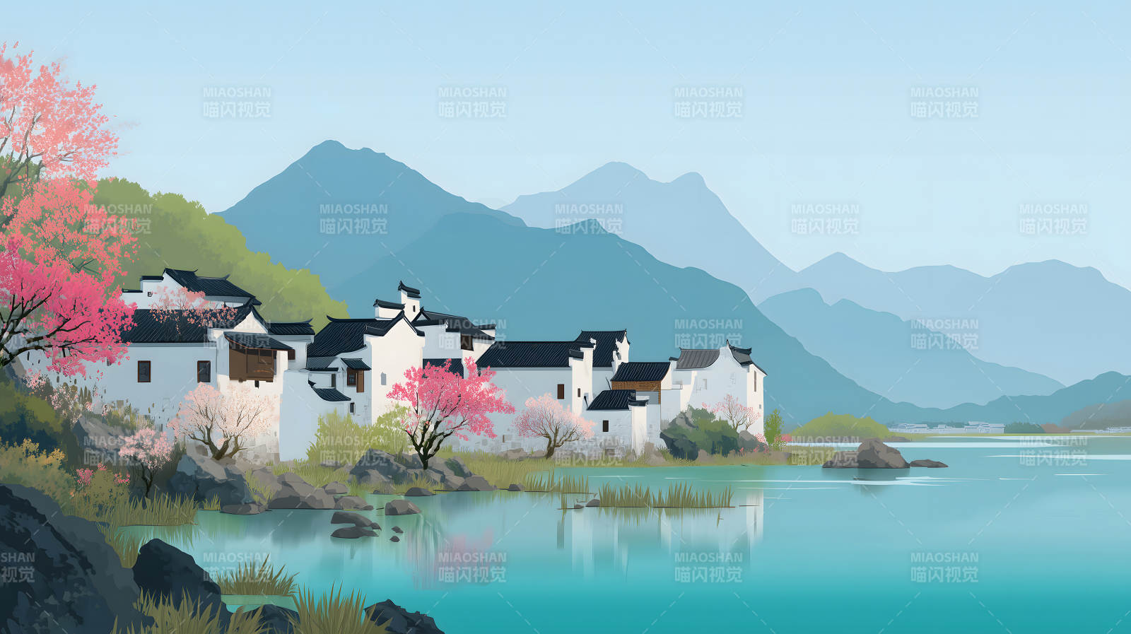 水乡风貌桃花盛开山水如画图片