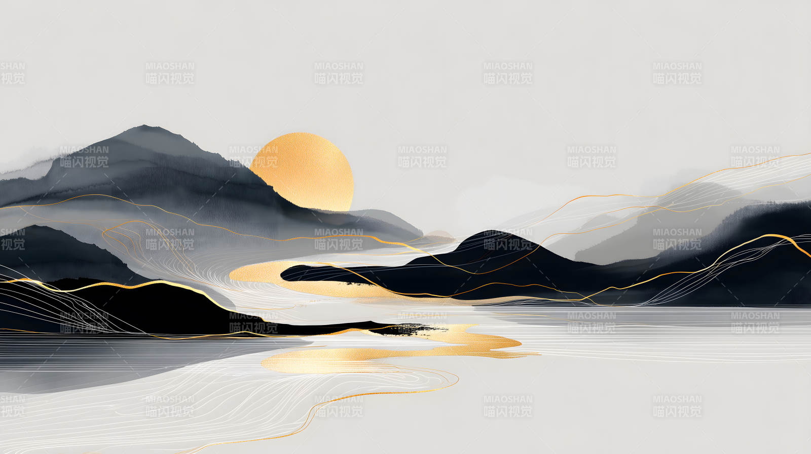 水墨山水意境金线装饰图片