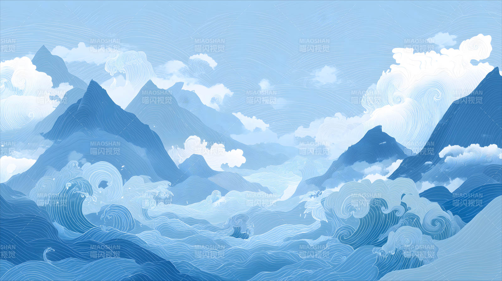 山水画卷云海飘渺波涛汹涌图片