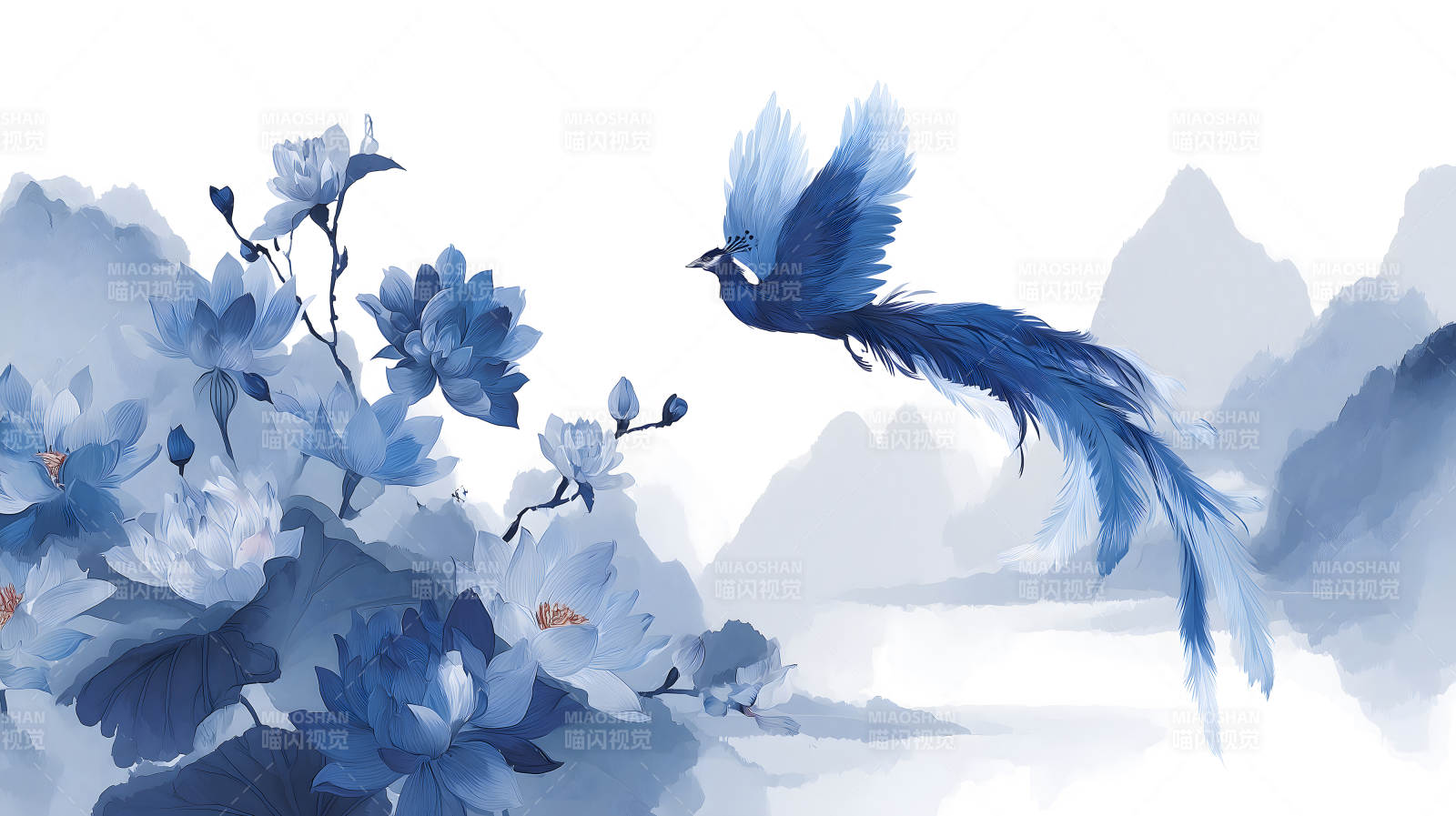 蓝调仙鸟与莲花山水画图片