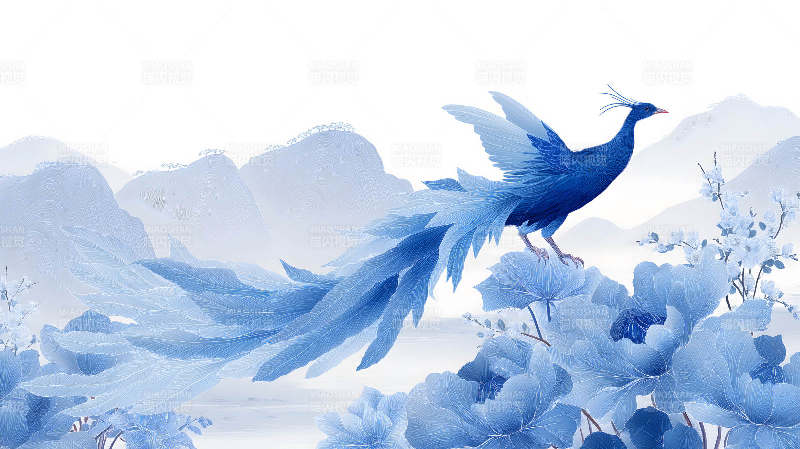 蓝色凤凰与山水花卉唯美意境图片