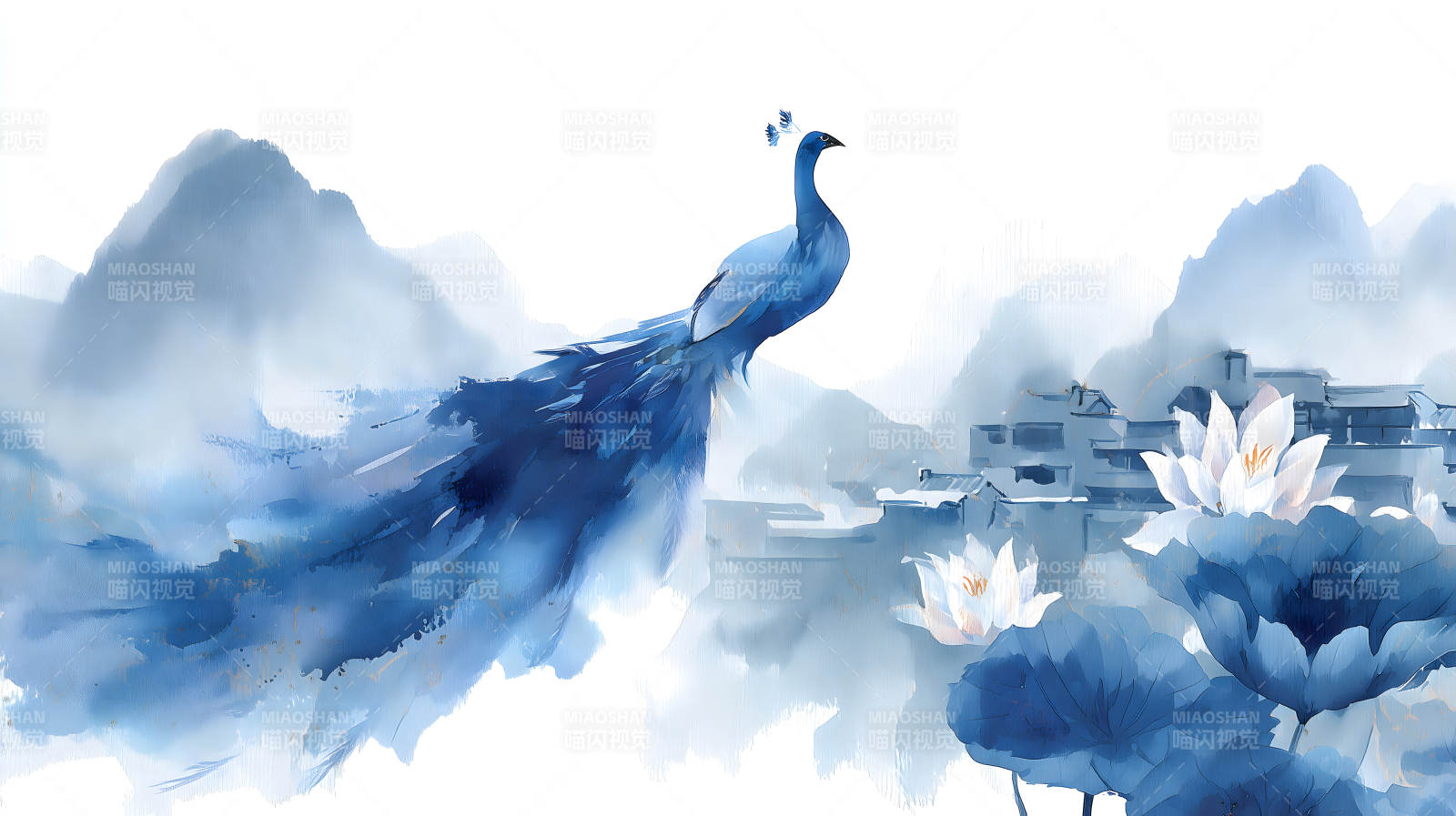 蓝孔雀水墨画唯美意境图片