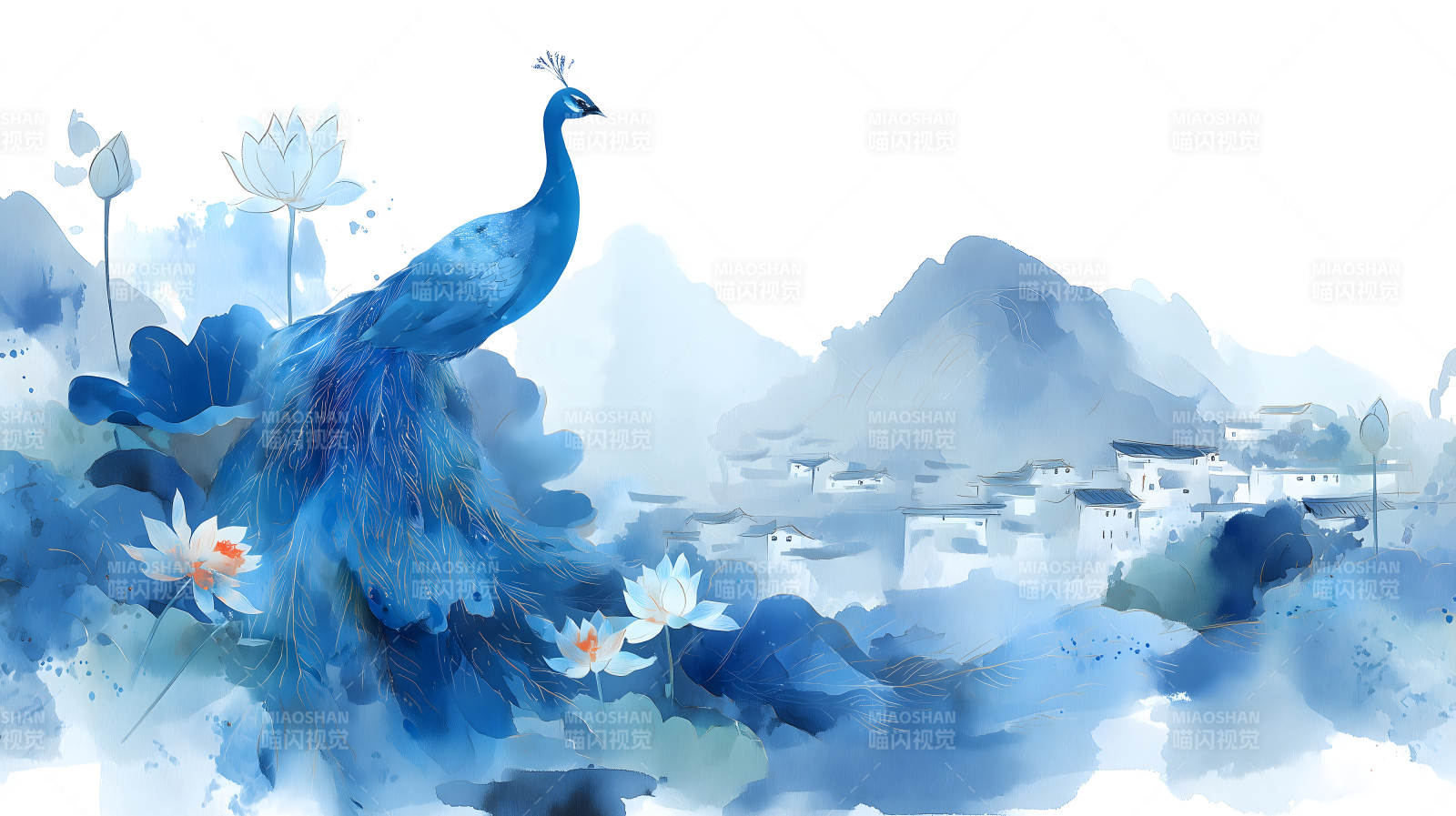 水墨蓝孔雀山水画卷图片