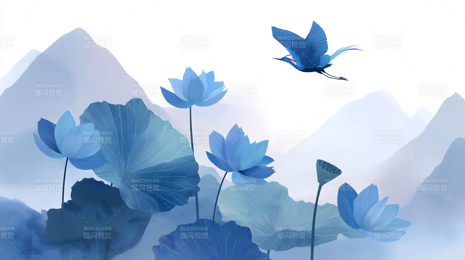 蓝色莲花与飞鸟在山水间图片