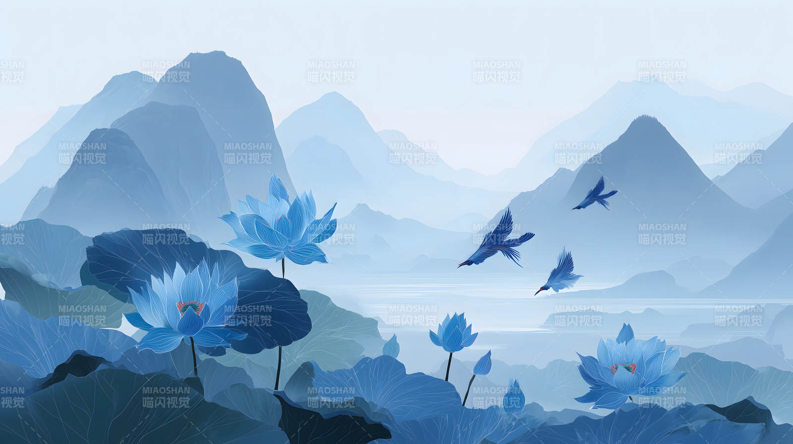 水墨风格的山水画莲花与飞鸟图片