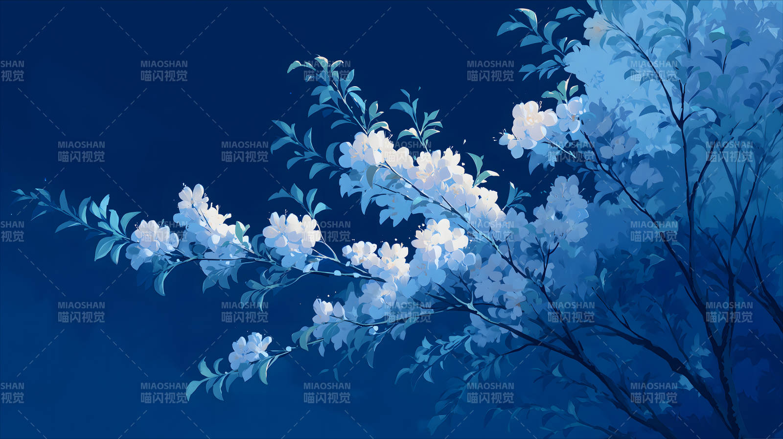 蓝色夜空下的花朵绽放景象图片