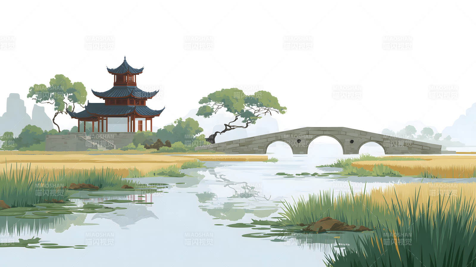 古风景色建筑桥梁水面倒影图片