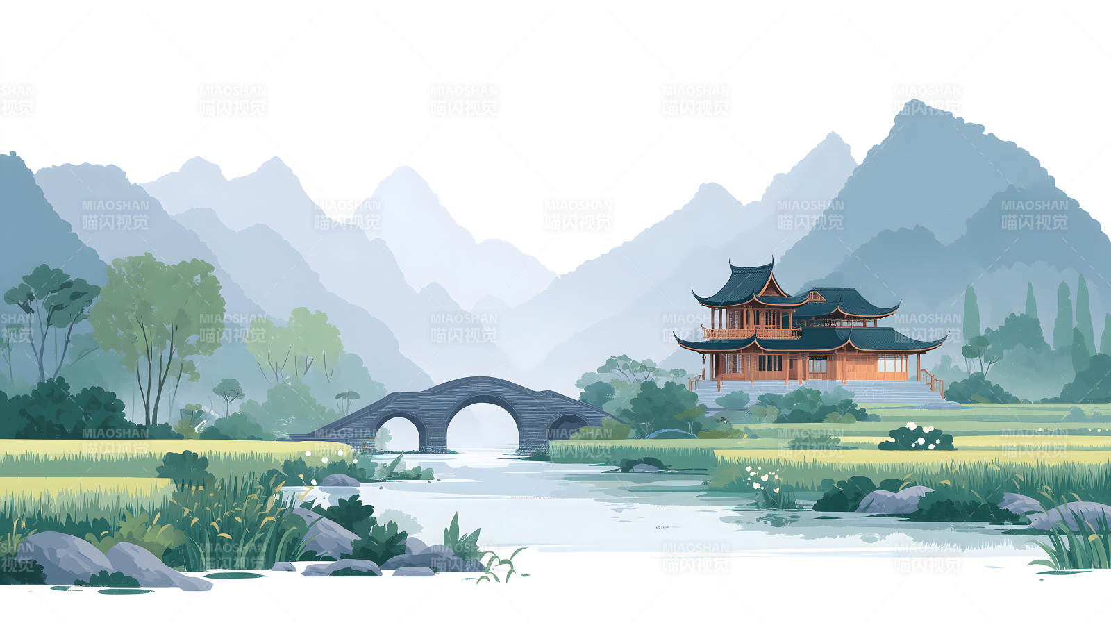 东方风格建筑与风景绘图片