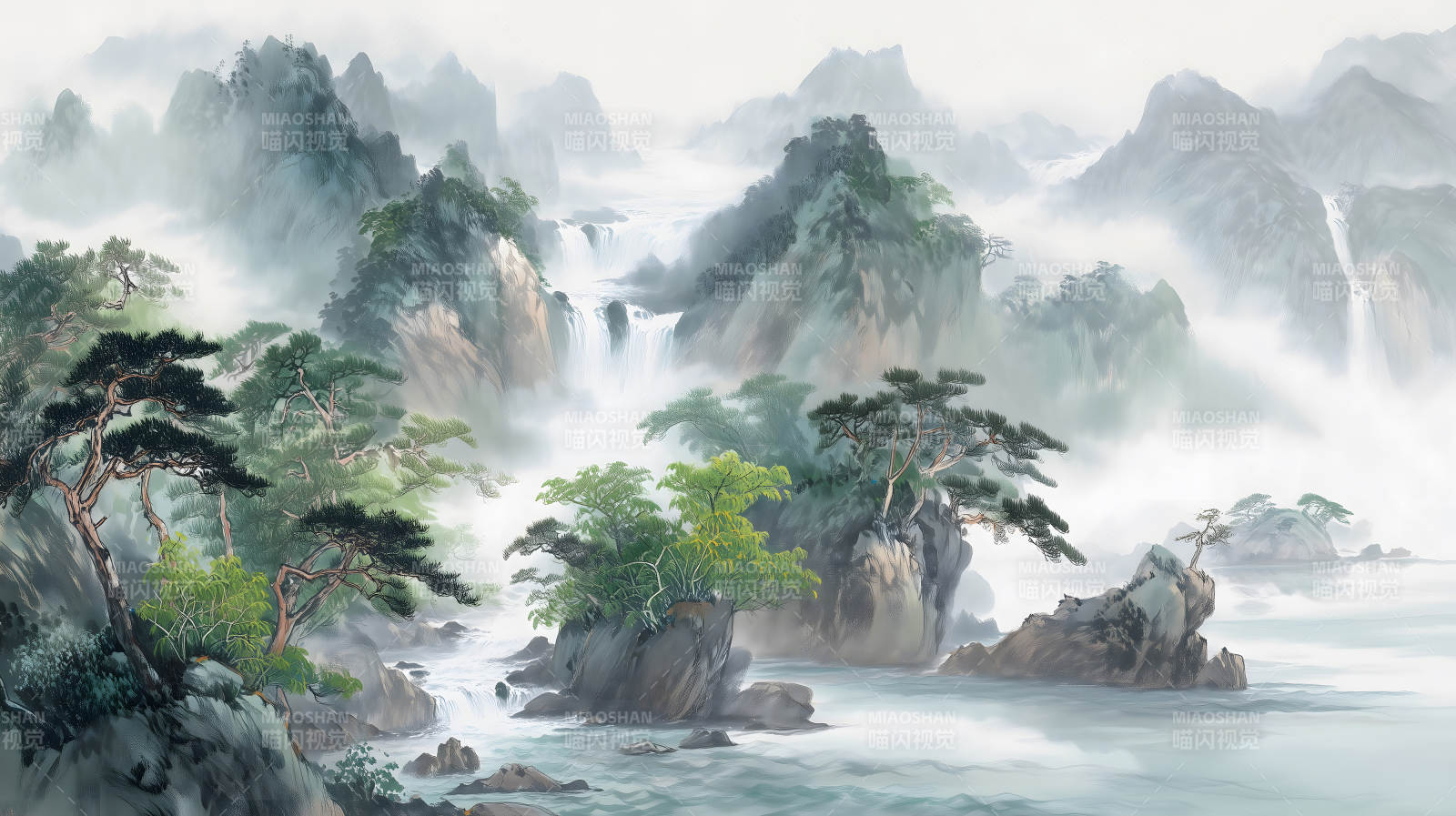 水墨山水画云雾缭绕瀑布飞流图片