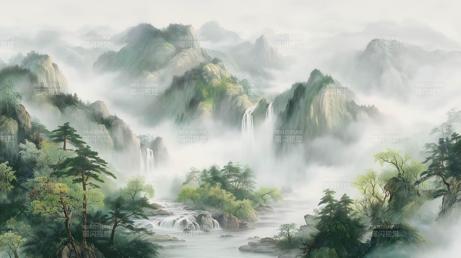 山水之间云雾缭绕瀑布流淌图片