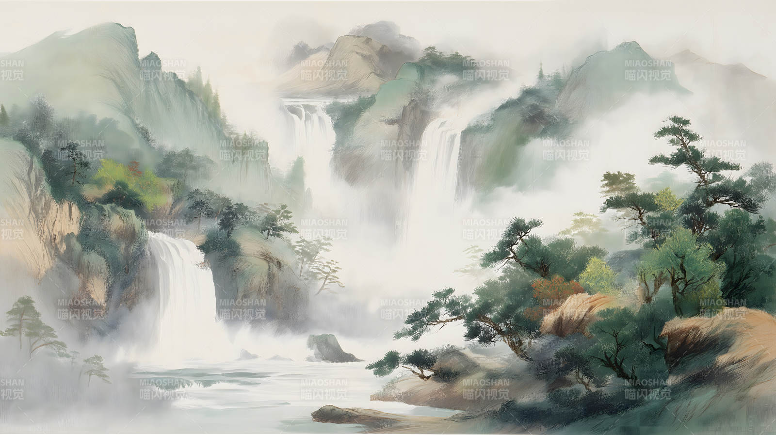 山水瀑布中国风唯美意境图片