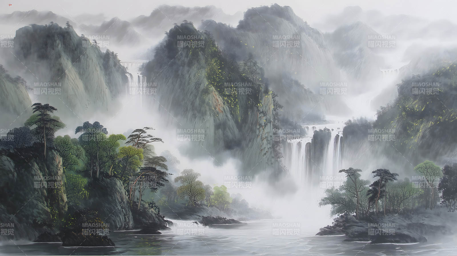 中国山水画瀑布云雾景象图片