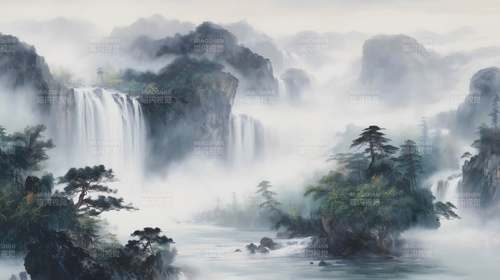 壮丽山水瀑布景象云雾缭绕图片