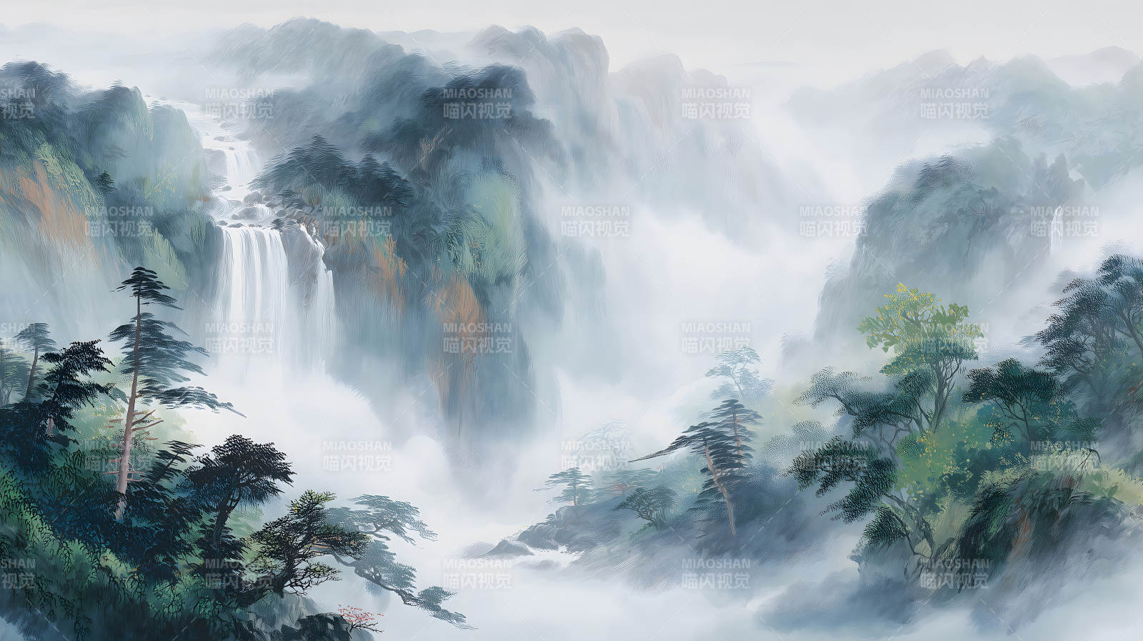 水墨山水画瀑布云雾缭绕景色宜人图片